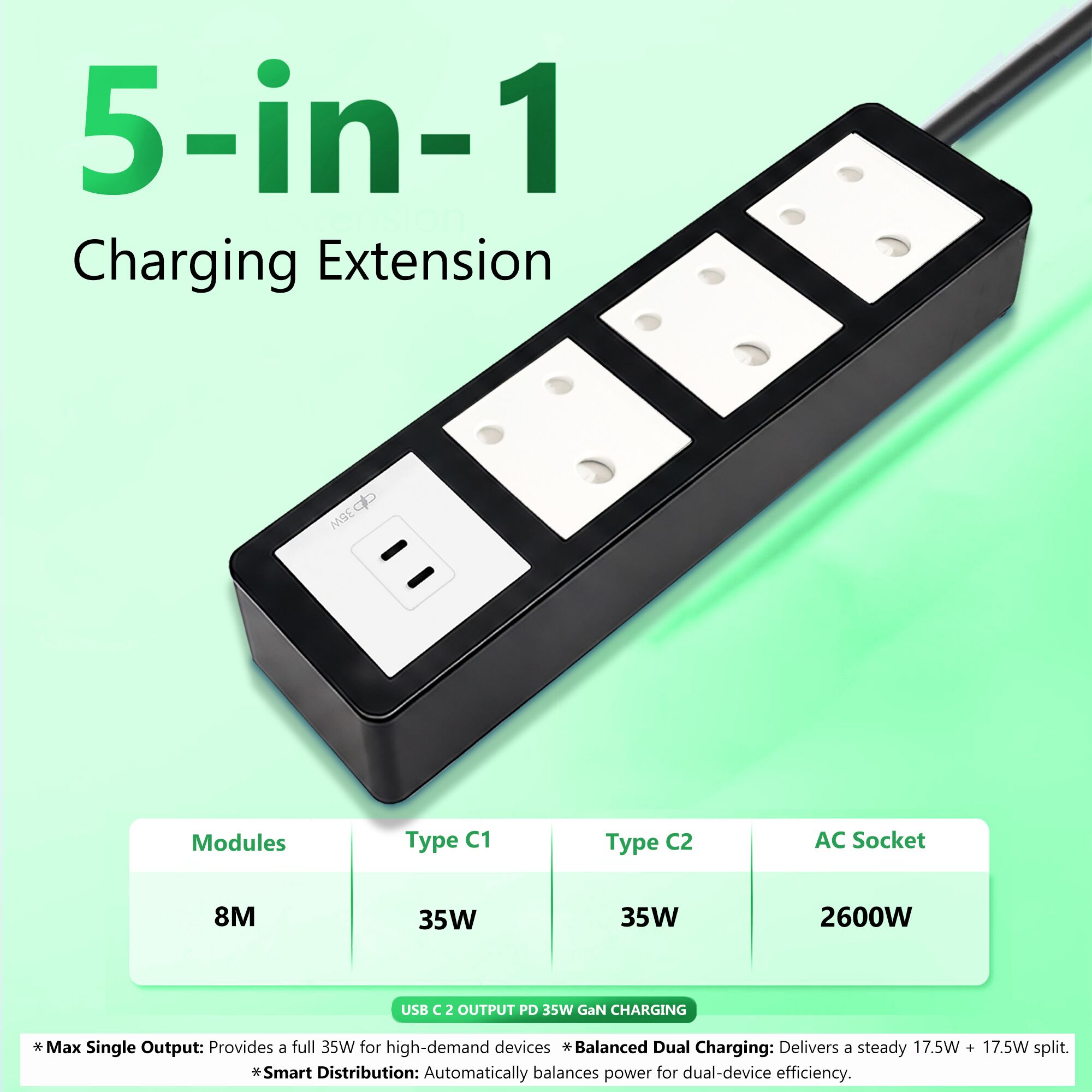 MX Power Strip with Indian Standard 3-Pin Socket 16 Amp | 35W USB C+C PD Fast Charging | ISI Marked Cord