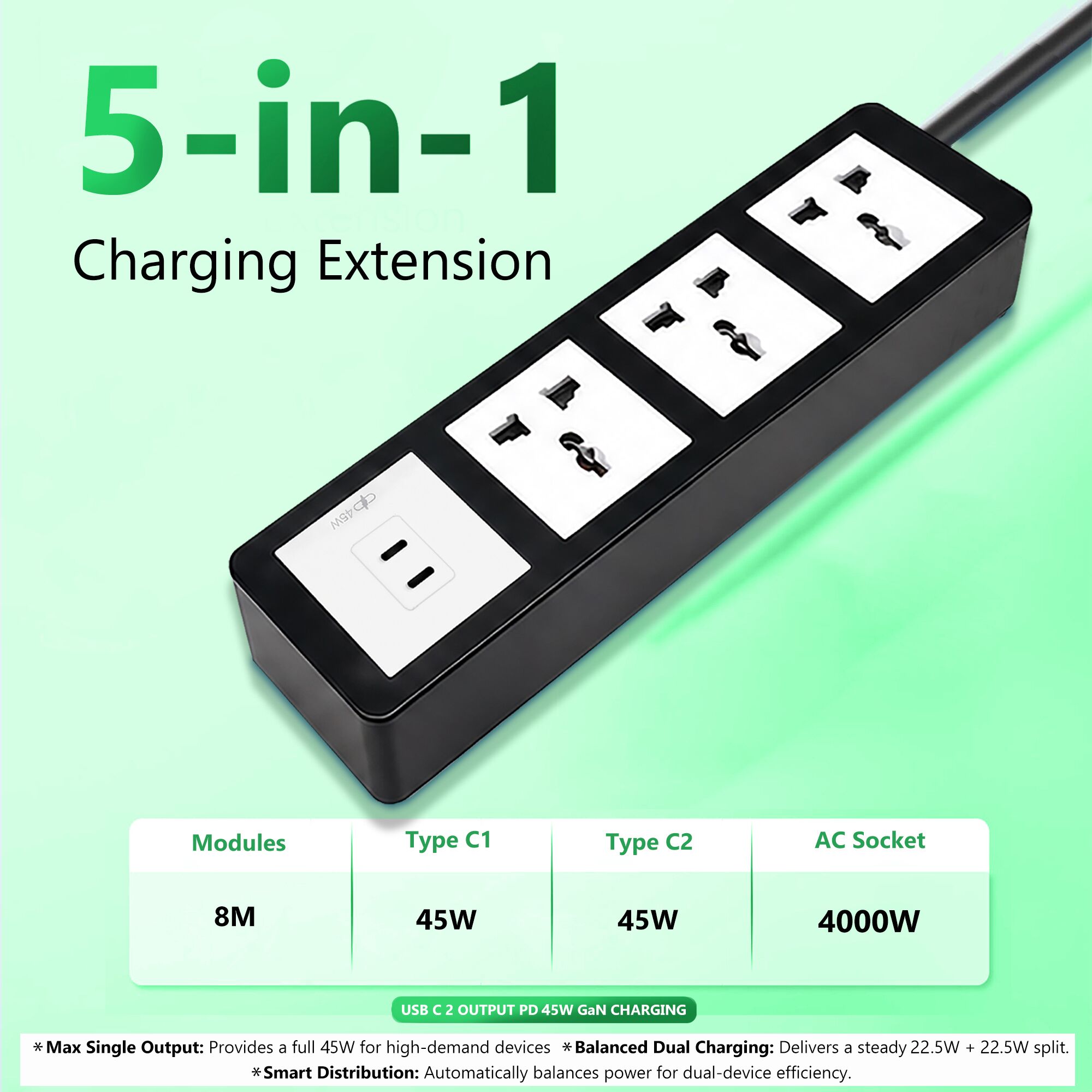 MX Power Strip with Universal 3-Pin Socket | 45W USB C+C PD Fast Charging | ISI Marked Cord