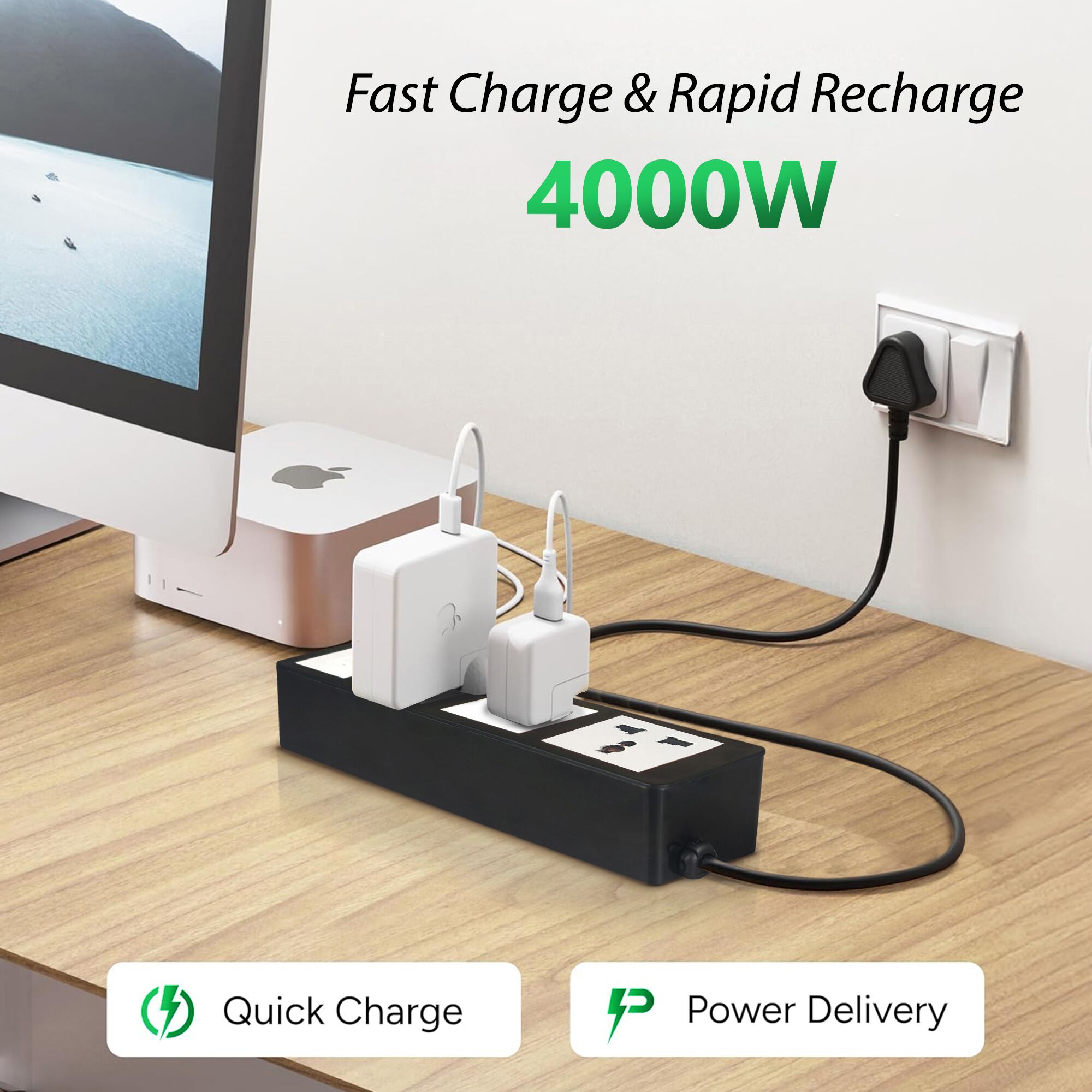 MX Power Strip with Universal 3-Pin Socket | 65W USB C+C PD Fast Charging | ISI Marked Cord