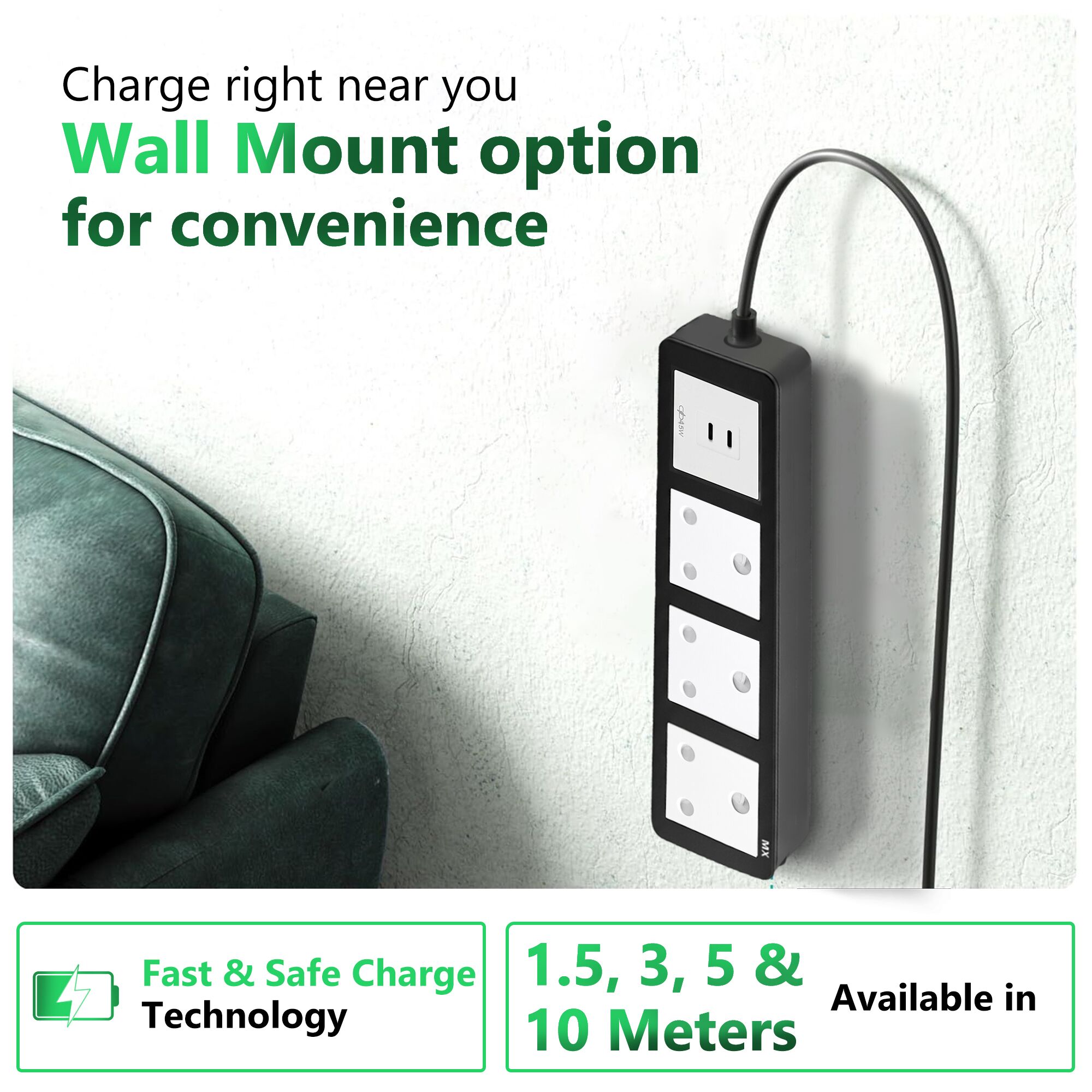 MX Power Strip with Indian Standard 3-Pin Socket 16 Amps | 45W USB C+C PD Fast Charging | ISI Marked Cord