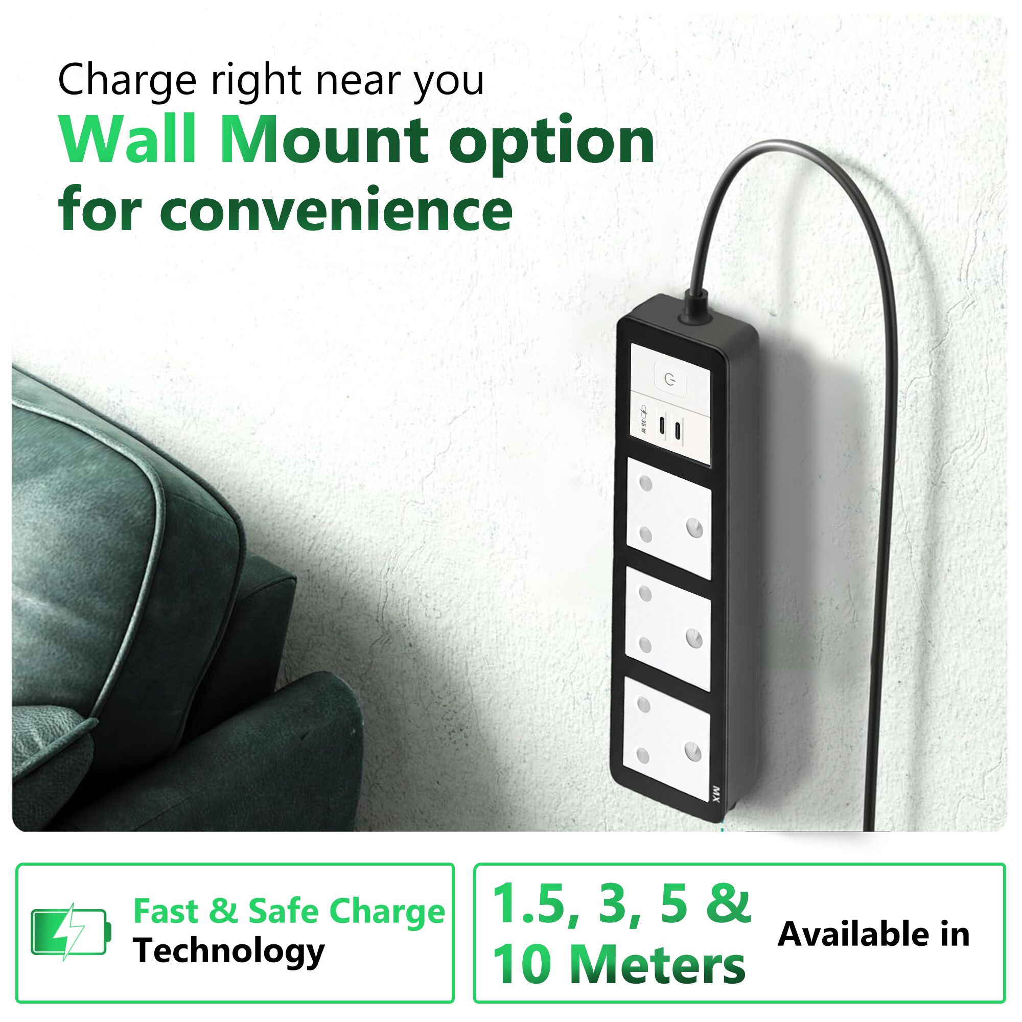 MX Power Strip with Indian Standard 3-Pin Socket 16 Amp & Flush Switch | 35W USB C+C Fast Charging | ISI Marked Cord