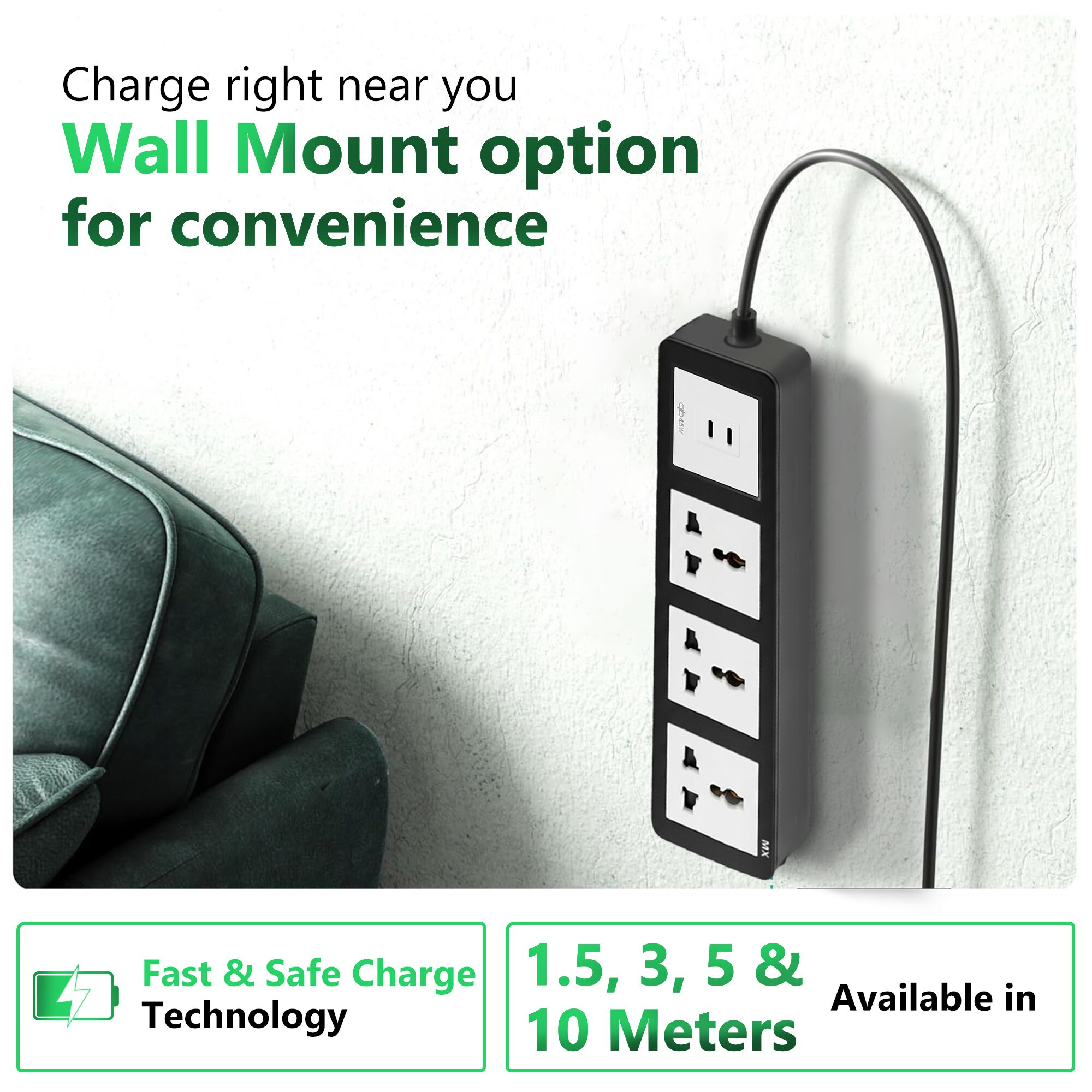 MX Power Strip with Universal 3-Pin Socket | 45W USB C+C PD Fast Charging | ISI Marked Cord