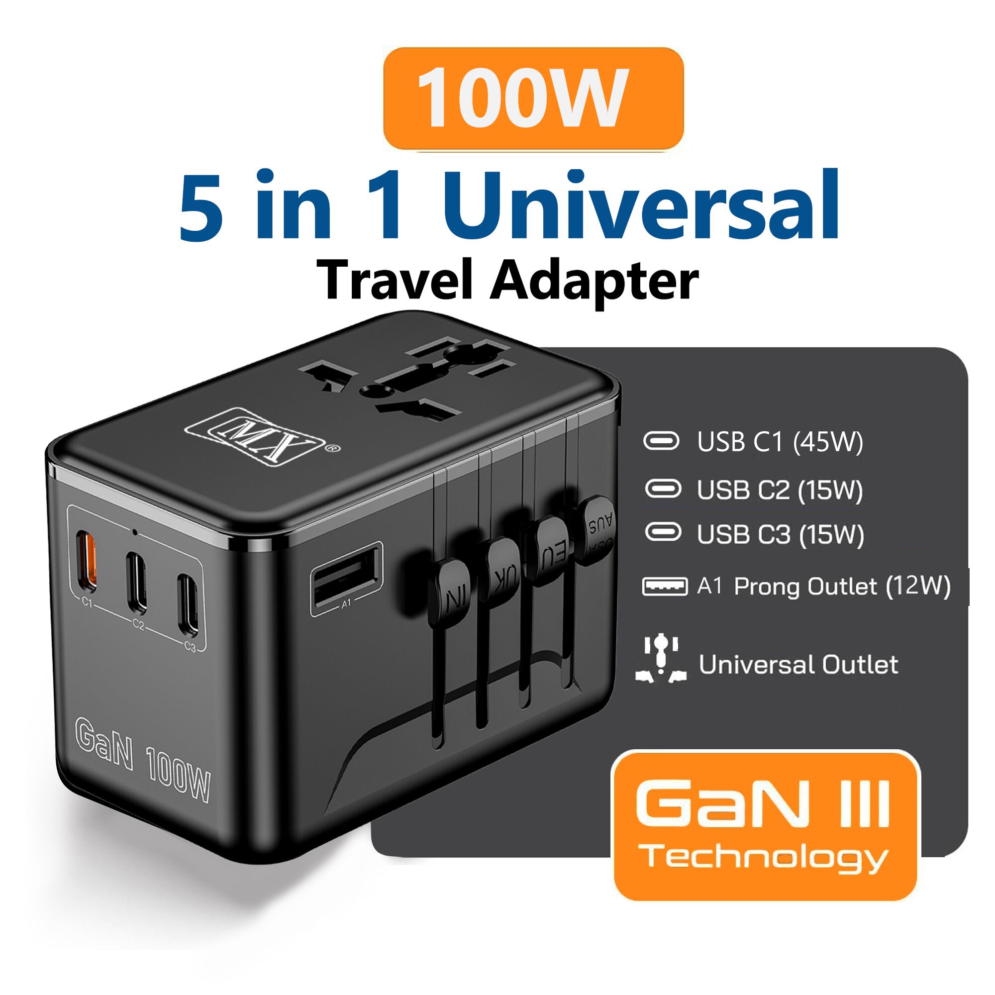 MX GaN 100W Universal Travel Adapter with 3 USB-C Ports & 1 USB-A Port, 5-in-1 International Power Adapter for Worldwide Travel with Auto-Resetting Fuse, Type D/A/C/G/I Output, 200+Countries