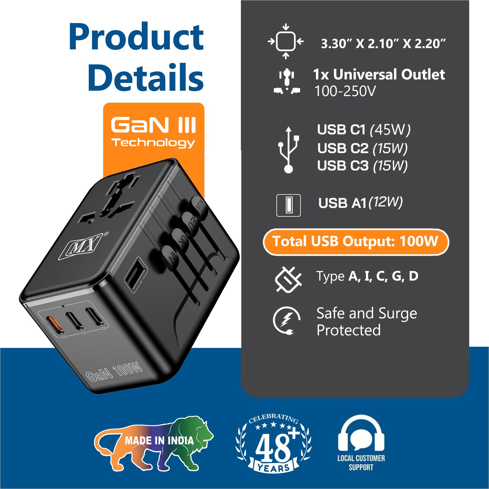 MX GaN 100W Universal Travel Adapter with 3 USB-C Ports & 1 USB-A Port, 5-in-1 International Power Adapter for Worldwide Travel with Auto-Resetting Fuse, Type D/A/C/G/I Output, 200+Countries
