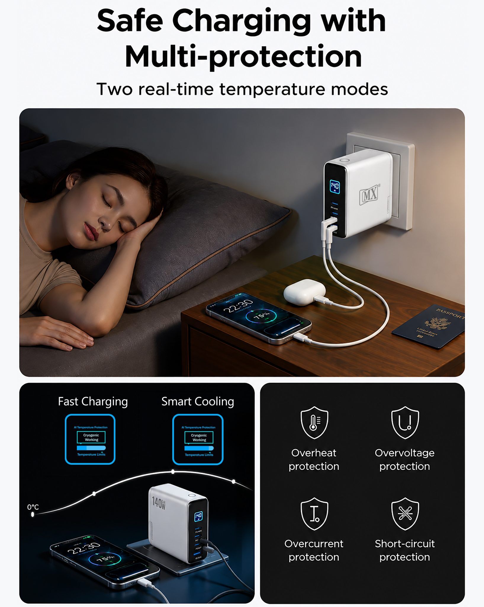 MX 140W USB C Charger, 4-Port Multi-Device PD Fast Charging Travel Adapter with Smart Display & Touch Control, GaN Power Plug Adapter for Laptop MacBook Pro, iPhone 17/16, Pixel, Steam Deck