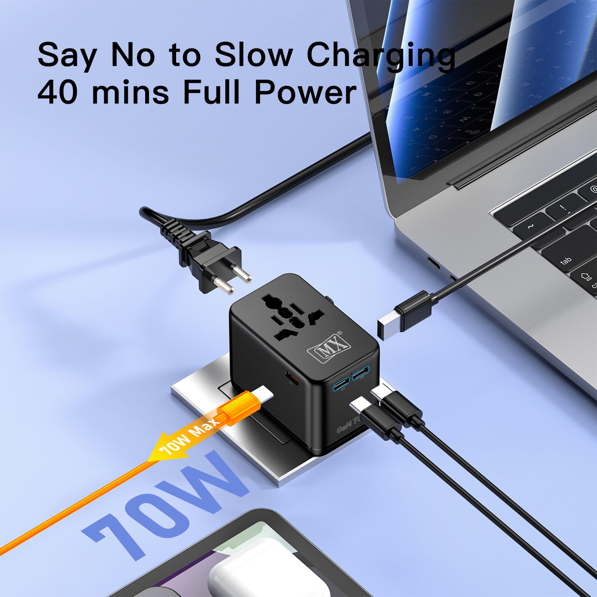 MX GaN 70W Universal Travel Adapter with 2 AC Outlets, 3 USB-C & 1 USB-A Ports, 6-in-1 International Power Adapter for Worldwide Travel, Type A/C/G/I Plugs, 200+ Countries Fast Charging Adapter