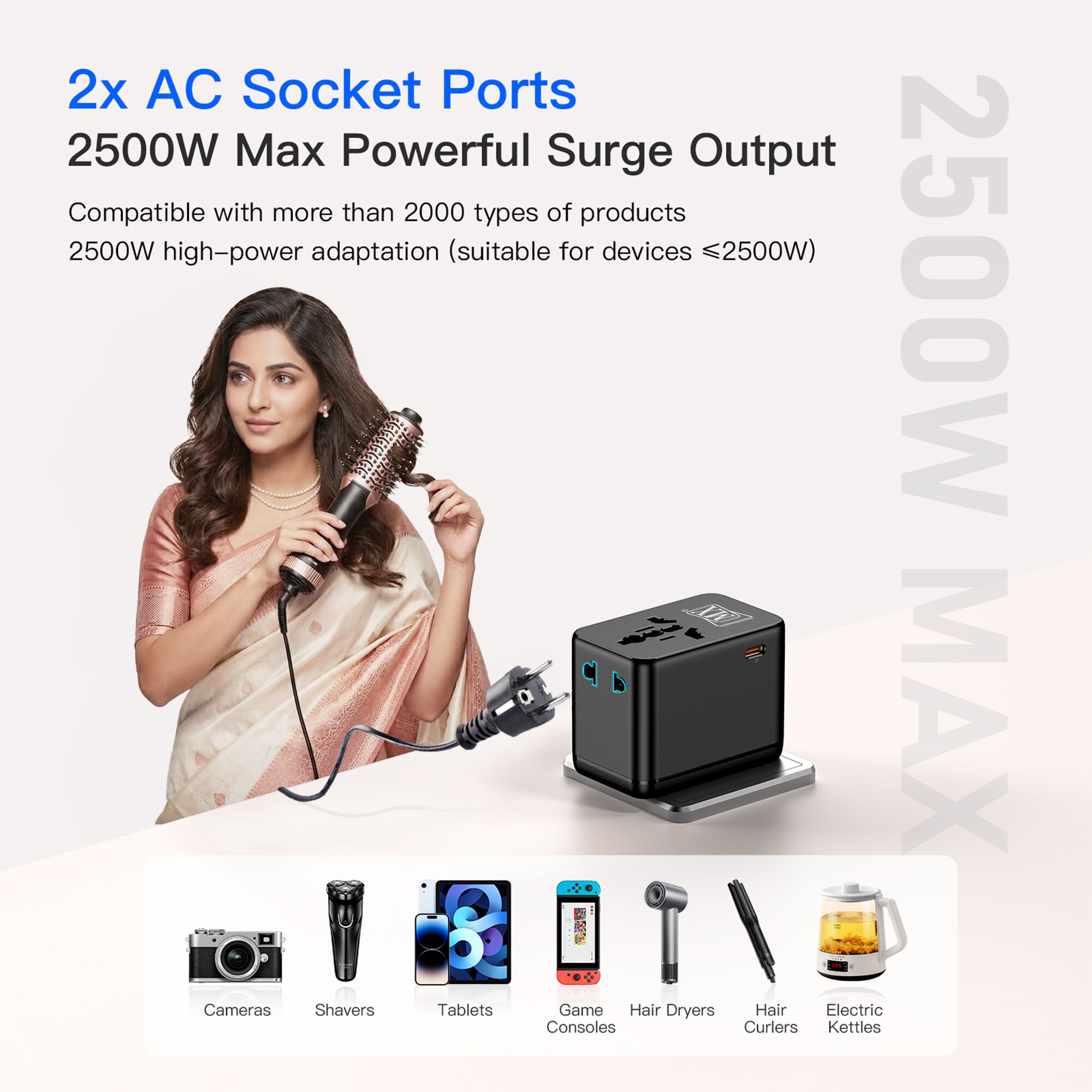 MX GaN 70W Universal Travel Adapter with 2 AC Outlets, 3 USB-C & 1 USB-A Ports, 6-in-1 International Power Adapter for Worldwide Travel, Type A/C/G/I Plugs, 200+ Countries Fast Charging Adapter