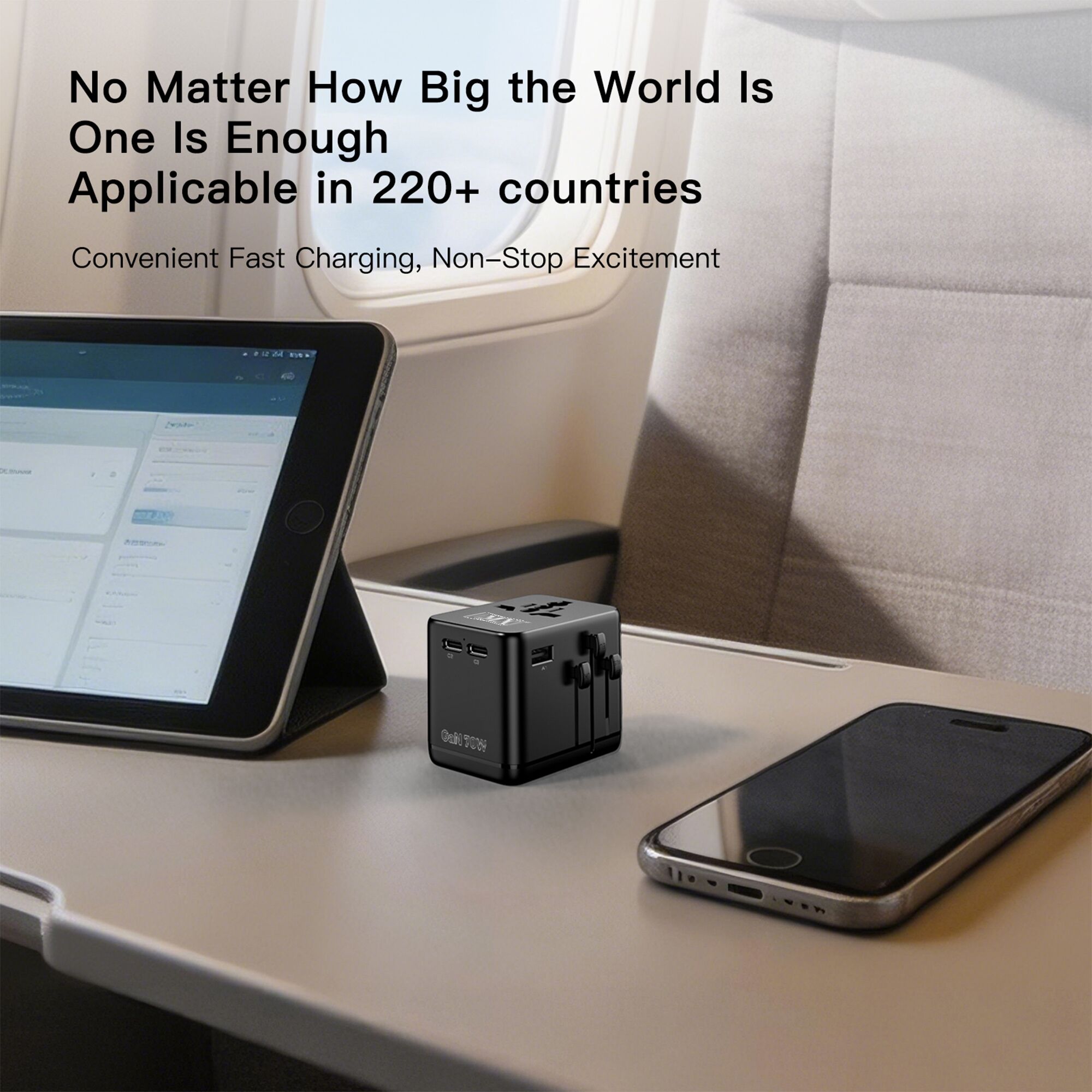 MX GaN 70W Universal Travel Adapter with 2 AC Outlets, 3 USB-C & 1 USB-A Ports, 6-in-1 International Power Adapter for Worldwide Travel, Type A/C/G/I Plugs, 200+ Countries Fast Charging Adapter