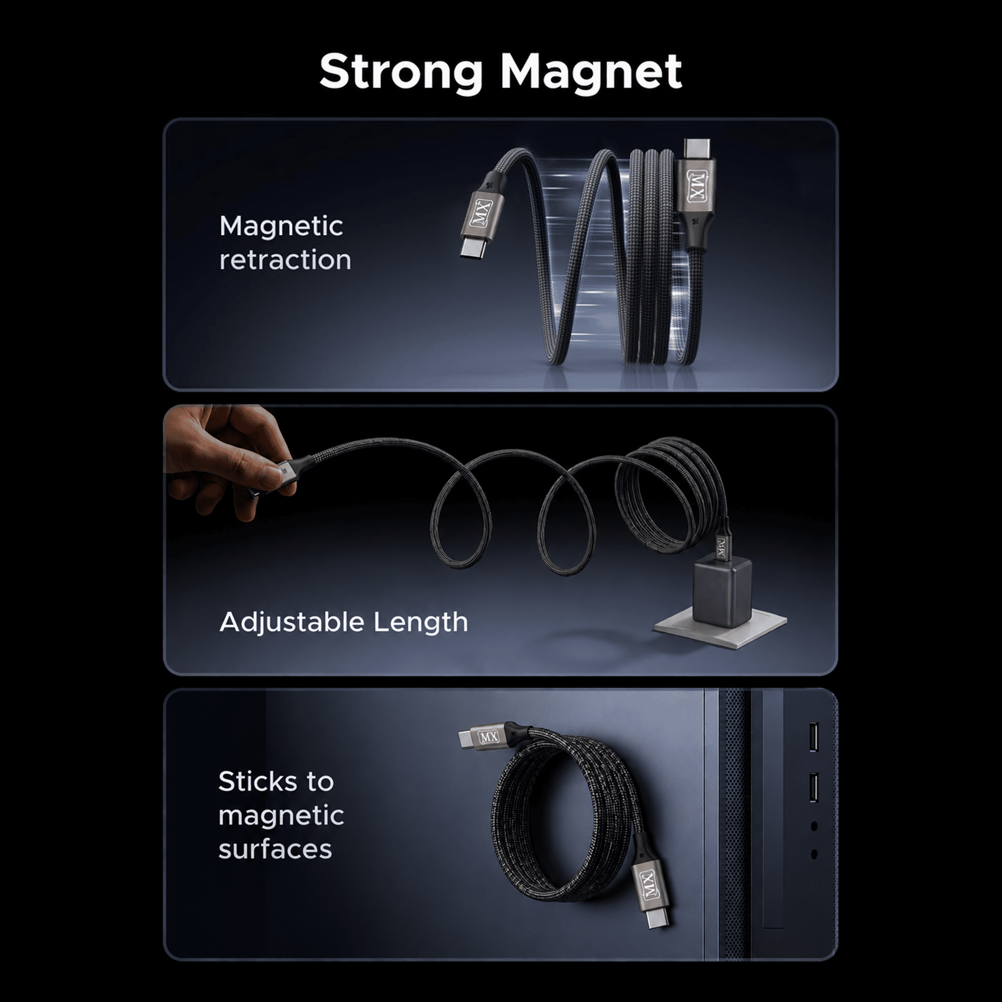 MX 240W Magnetic Type C to Type C Fast Charging Cable | 1.2 M Nylon Braided USB C to USB C Cable for Phones, Laptop, 480Mbps High Speed Data Sync C to C Cable (Space Grey)